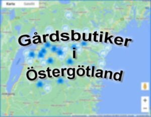 Kartvy över Östergötland med blå markörer som visar lägen för gårdsbutiker i regionen