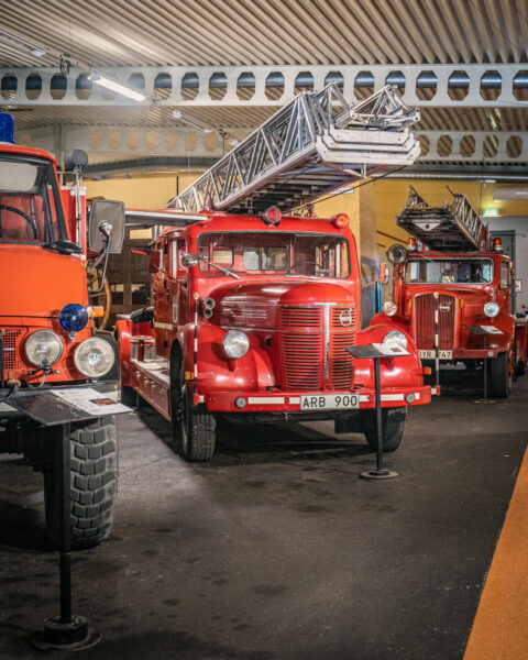 Veteranbrandbilar med stegar uppställda i en museilokal på Brandkårsmuseet i Simonstorp, Östergötland
