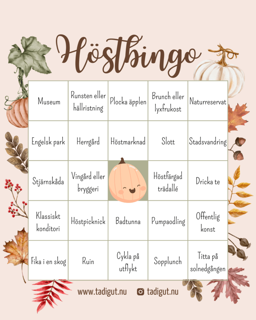 Höstbingo med 25 rutor med utflyktsförslag som museum, slott, höstmarknad och plocka äpplen, dekorerad med höstlöv och pumpor.