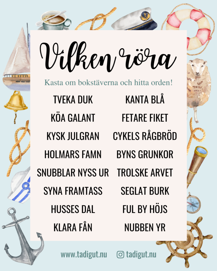 Ordpussel med rubriken "Vilken röra" där man ska kasta om bokstäverna och hitta orden, dekorerad med maritima illustrationer