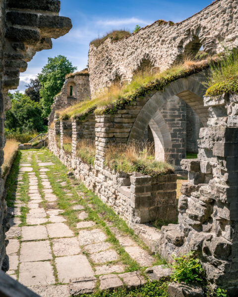 Stensatt gång längs gräsbevuxna murar med spetsbågar vid Alvastra klosterruin, ett cistercienskloster från 1143 i Östergötland