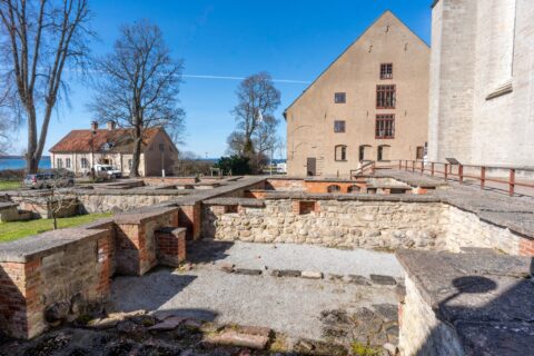 En solig dag vid Vadstena klosterruin. I förgrunden syns de bevarade stenfundamenten från klostrets byggnader, med tegelvalv och murade strukturer. Vadstena klosterkyrka ligger intill. Bakom detta hus står en större byggnad med beige puts och röda fönsterkarmar. Höga träd ramar in scenen, och i bakgrunden skymtar en glimt av ett blått vattenlandskap.