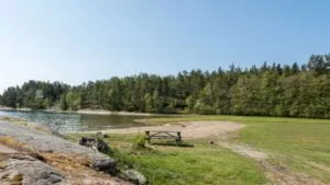 Badplats vid Mon i Sankt Annas skärgård med sandstrand, bänk, gröna gräsytor, klippor och barrskog en solig sommardag