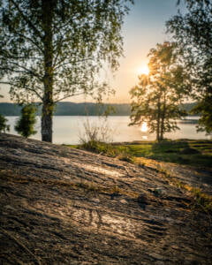 Solnedgång över sjön Råvarpen vid Högsbyns hällristningsområde i Dalsland, med slipade berghällar och björkar i förgrunden