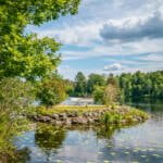Vit parkbänk på Parasollholmarna vid Baldersnäs, omgiven av grönska, stenar och näckrosblad i stilla vatten en sommardag