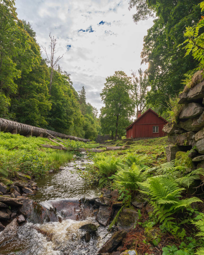 Porlande bäck omgiven av ormbunkar och grönska vid Gamla Järnbruket i Bäckefors, med en röd bruksbyggnad och stenruiner i Dalsland