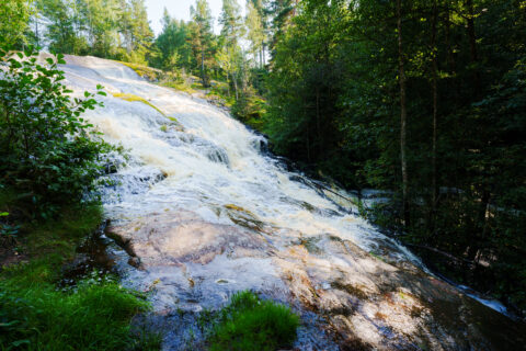 Brantefall i Ydre, ett brett flerstegsvattenfall som forsar nedför slät berggrund omgivet av frodig grönska och barrskog.
