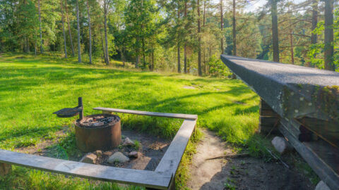 Grillplats med eldring och vindskydd vid Brantefall i Ydre, omgivet av grönt gräs och tallskog längs Östgötaleden.