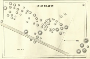 Historisk kartskiss över Sund, Graby gravfält med utmarkerade gravhögar och stensättningar på en höjd i Ydre, Östergötland