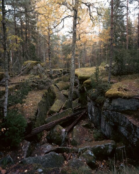 Mosstäckta klippformationer och urbergssprickor i höstlig skog vid Trollegater naturreservat i Kinda kommun, Östergötland