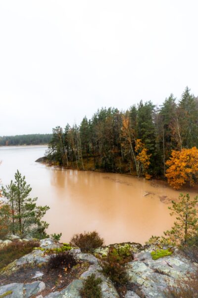 Utsikt från fornborgen över Dalmyrasjön en disig höstdag, med lergrumligt vatten, klippor och skog i höstfärger