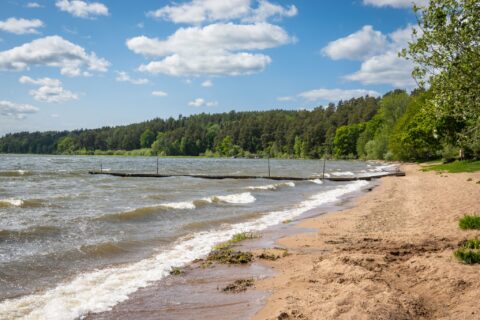 Sandstrand vid Sandviks badplats med vågor som slår in från sjön Roxen, bryggor i vattnet och grön skog i bakgrunden en sommardag.
