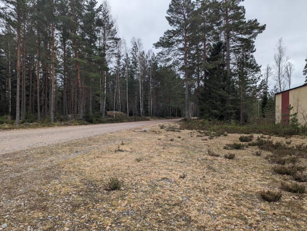 Grusad parkering vid Bromossen naturreservat omgiven av tall- och björkskog, med en byggnad till höger, en mulen vårdag.