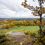 Höstvy från Klevbergets utsiktsplats i Kinda med en ek i förgrunden, gröna ängar med ensilagebalar och färgsprakande lövskog.