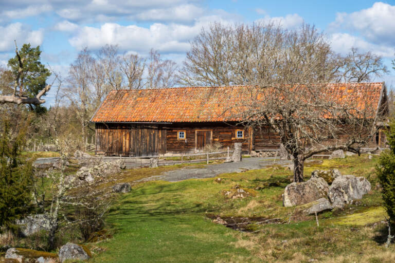 Gammal timrad lada med orange tegeltак i Öna kulturreservat, omgiven av lövträd, gröna ängar och klippor en vårdag.