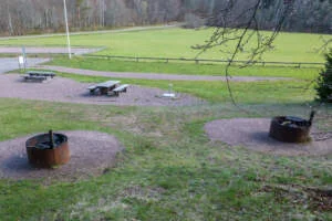Grillplatser med eldringarna och picknickbord vid Stocklycke på Omberg, med grön gräsmatta och skog i bakgrunden.
