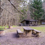 Rastplats vid Hjässatorget på Omberg med grillplats, bänkbord och vindskydd omgivet av lövträd och barrskog på våren