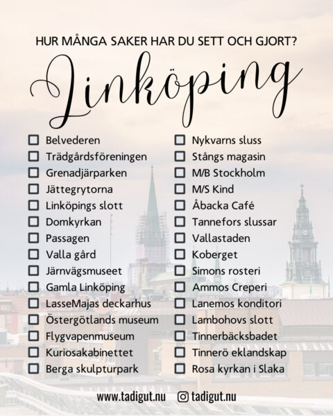 Checklista med sevärdheter och aktiviteter i Linköping, med Domkyrkan synlig i bakgrunden mot en disig himmel