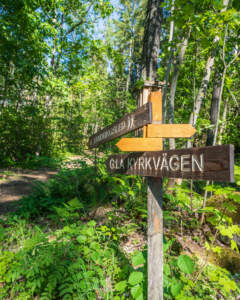 Vägvisare i Hästenäs kyrkskog med skyltar mot Vandringsled och G:la Kyrkvägen, omgiven av frodig grönska och sommarskog.