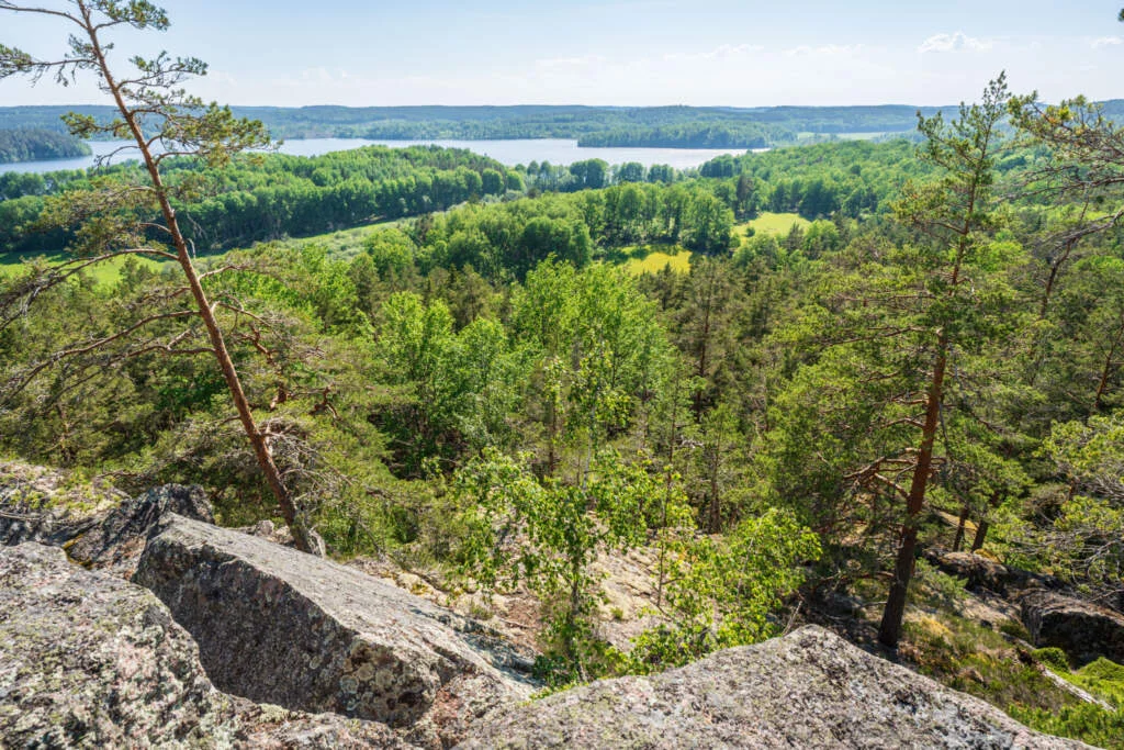 Utsikt från klippkant i Hästenäs kyrkskog över grönskande skog, ängar och en sjö i Åtvidabergs kommun, Östergötland