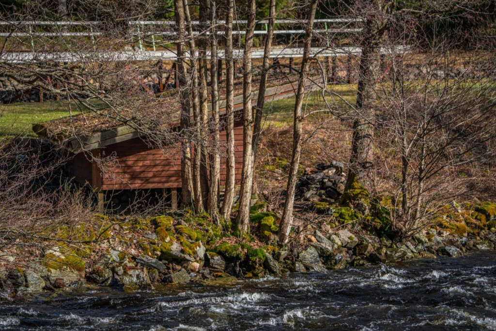 Strömmande fors vid Höljerudsforsarna med mossklädd stenstrand, röd stuga bland kala träd och en gångbro i bakgrunden, Dalsland