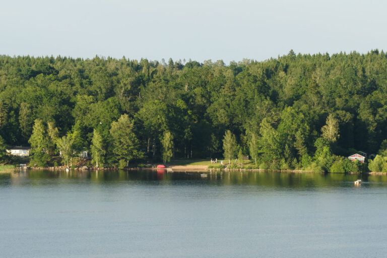 Lugn sjöstrand vid Tärenäs i Tranås med sandstrand, brygga och röd tältpaviljong omgiven av grön sommarskog.