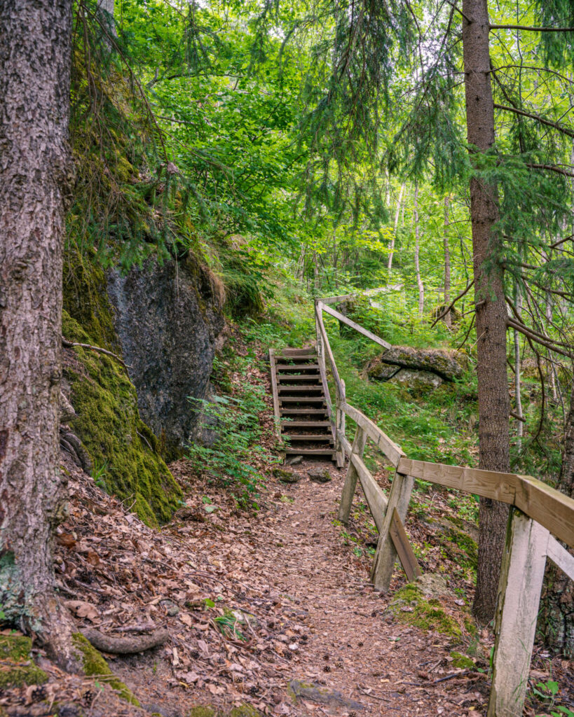 Trätrappa med räcke längs en skogsstig i Ramslökedalens naturreservat, omgiven av mossiga klippor och grön barrskog.