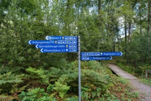 Blå vägvisarskyltar vid en spång i grön björkskog, med riktningar till Baljåsen, Orsbergetleden, Björndalsberget, Klöverudsåsen och Ängebytjärn