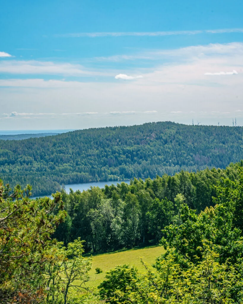 Utsikt över Knarrbysjön och skogsklädda höjder från Linheden i Dalsland, med gröna ängar, vindkraftverk i horisonten och blå himmel.