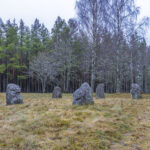 Ängs domarring med resta stenar på gräsmark omgiven av björkar och tallskog i Ängs naturreservat, Dals-Ed, Dalsland