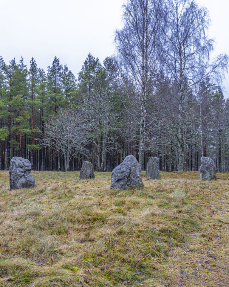 Ängs domarring med resta stenar på gräsmark omgiven av björkar och tallskog i Ängs naturreservat, Dals-Ed, Dalsland