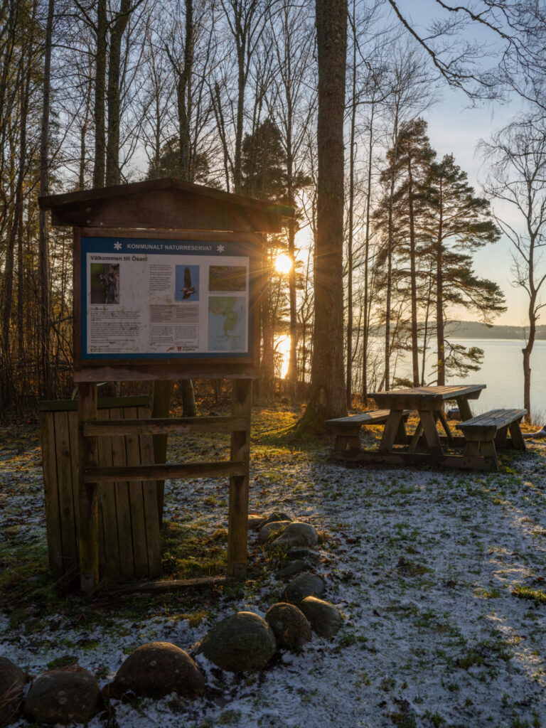 Informationstavla vid Ösans naturreservat med picknickbord vid Laxsjöns strand, omgiven av vintrig skog i solnedgång.
