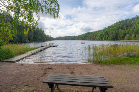Klintens badplats vid Vagnsjön med träbrygga, sandstrand, sittbänk och vassbevuxen strandkant omgiven av tät barrskog.