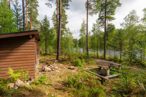 Vindskydd med eldplats och bänkbord vid Vagnsjöns strand nära Klintens badplats i Ödeshög, omgivet av tallskog