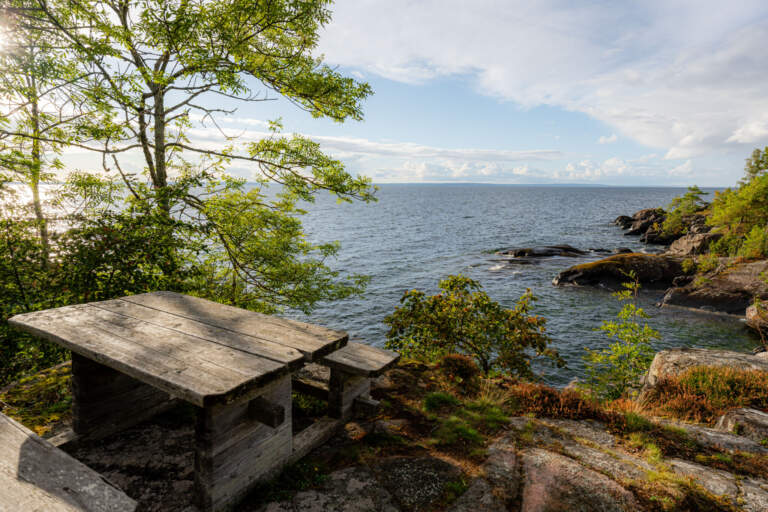 Rustik träbänk på klipporna vid Vättern i Stora Lunds naturreservat med utsikt över havet, grönska och soligt väder
