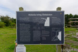 Informationsskylt med texten "Historia kring Ålebäcken" vid Hästholmenslingan i Ödeshög, med karta och historisk text om området