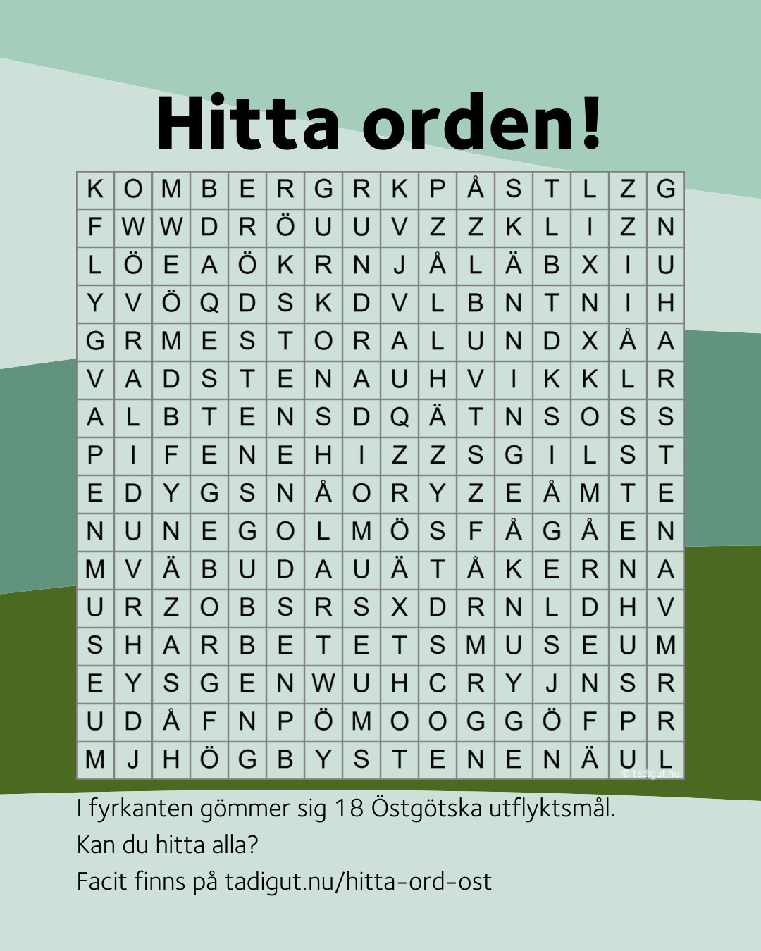Ordpussel med rubriken "Hitta orden!" där 18 östgötska utflyktsmål gömmer sig i en bokstavsruta på grön bakgrund.