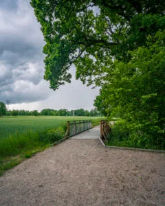 Grusgång som leder till en träbro vid Motala ströms ravin, omgiven av lummiga ekar och gröna åkrar under dramatisk molnhimmel.
