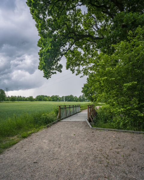 Grusgång som leder till en träbro vid Motala ströms ravin, omgiven av lummiga ekar och gröna åkrar under dramatisk molnhimmel.