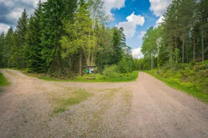 Vägkorsning i skogen vid starten av Rådslaleden med informationstavla och grusvägar som delar sig åt två håll