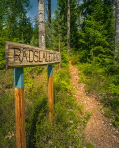 Träskylt med texten "Rådslaleden" vid en smal skogsstig som leder uppför en kulle genom grön barrskog i Östergötland