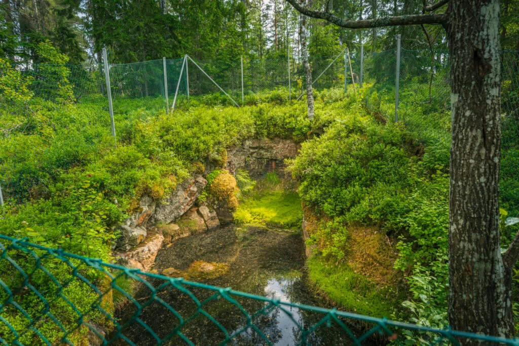 Överväxt gruvhål omgivet av frodig grönska och skog längs Rådslaleden, avspärrat med stängsel, rest från forna tiders järnhantering