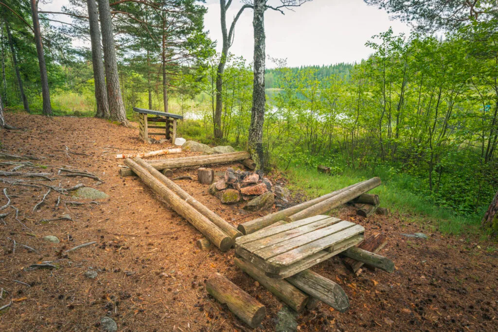 Rastplats med eldstad och sittbänkar av stockar vid Rådslaleden, med utsikt över grönska och sjö i Östergötlands skogslandskap
