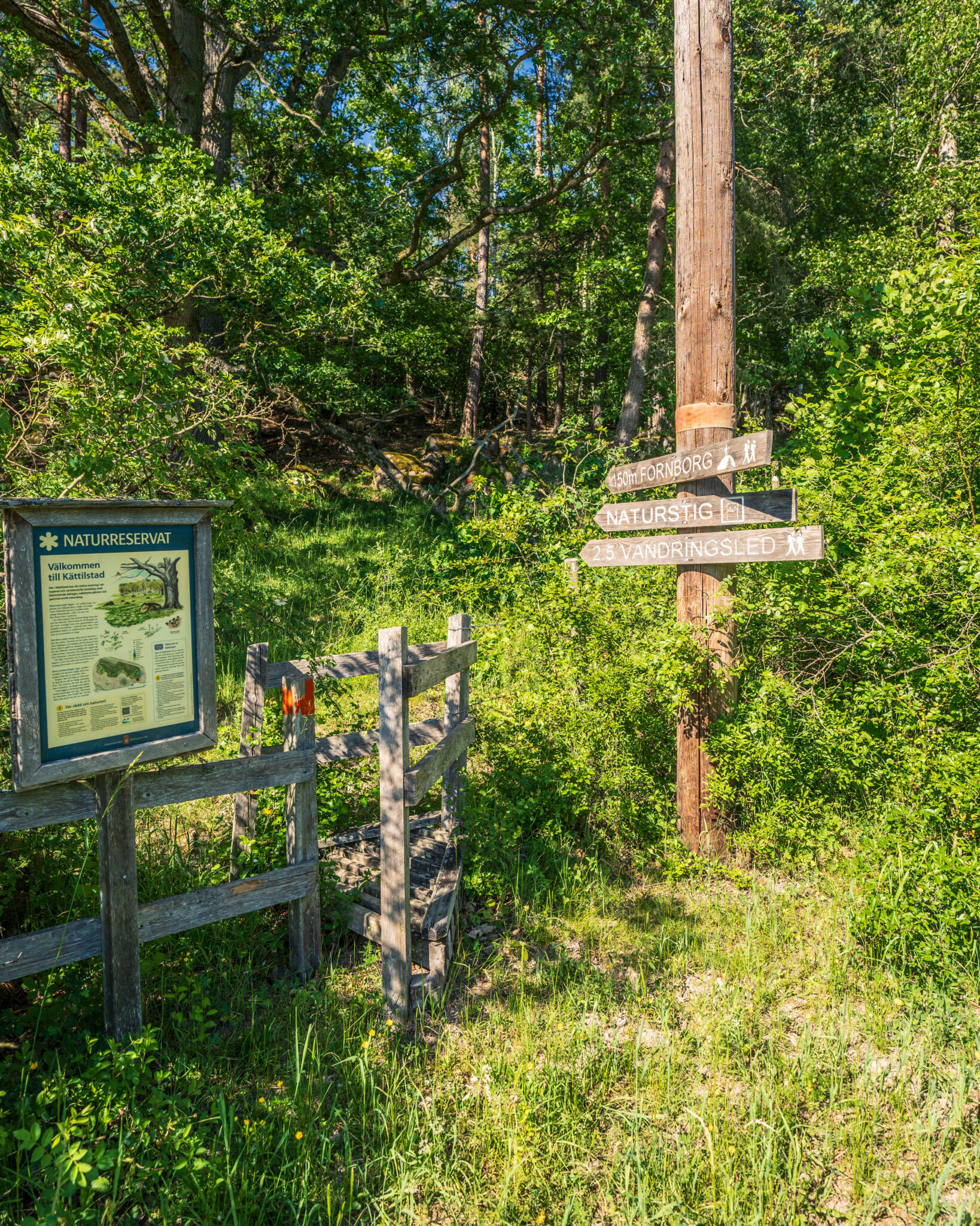 Entré till Kättilstads naturreservat med informationsskylt, stätta och vägvisare mot fornborg, naturstig och vandringsled i grön lövskog.