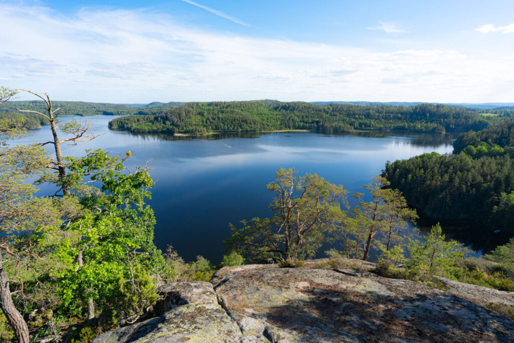 Utsikt från Bråtbergets utsiktsplats över sjön Björkern omgiven av grön skog, sedd från klipphällen en solig sommardag