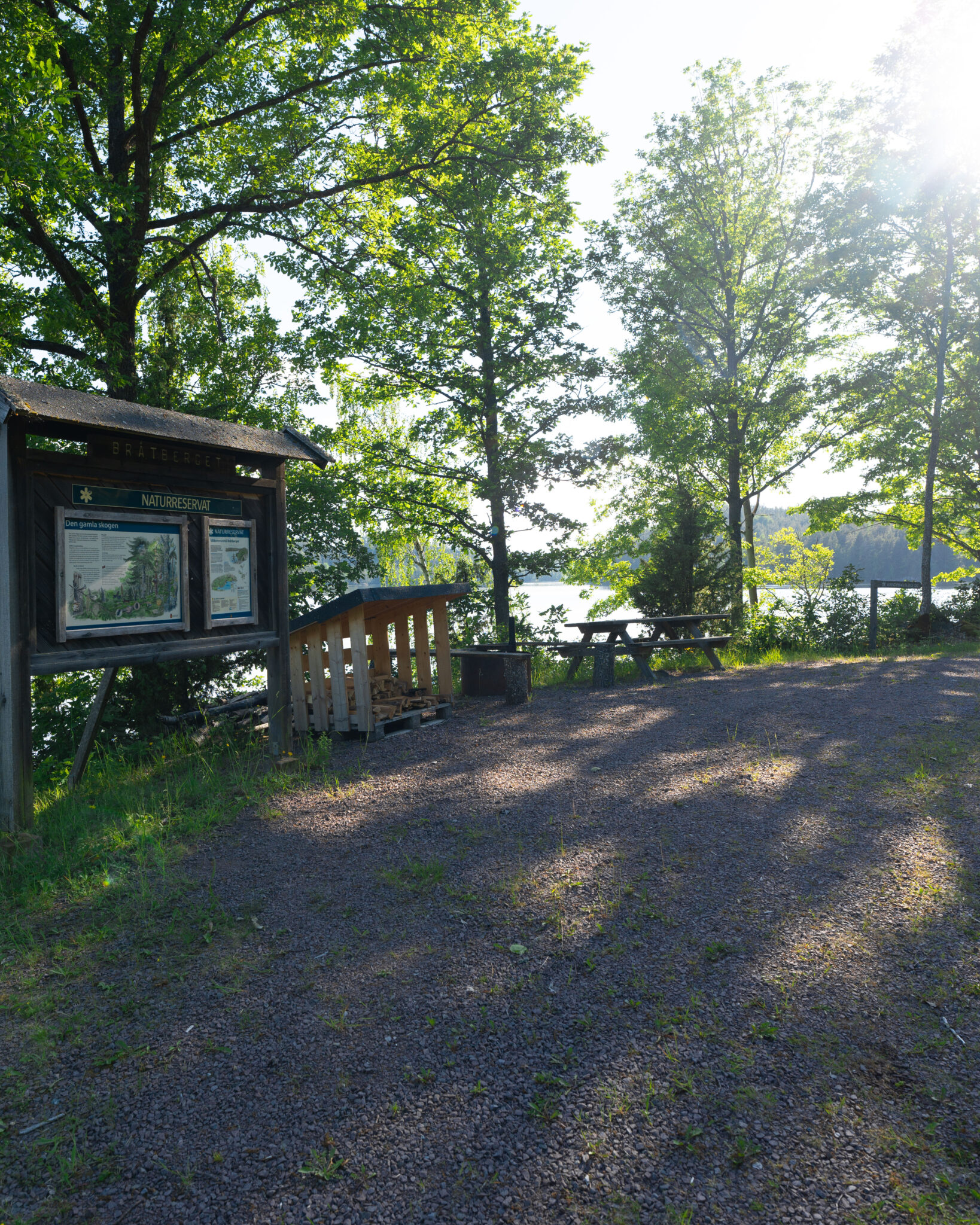 Informationstavla vid Bråtberget naturreservat med vedförråd, grillplats och picknickbord omgivet av lövträd vid sjön Björkern