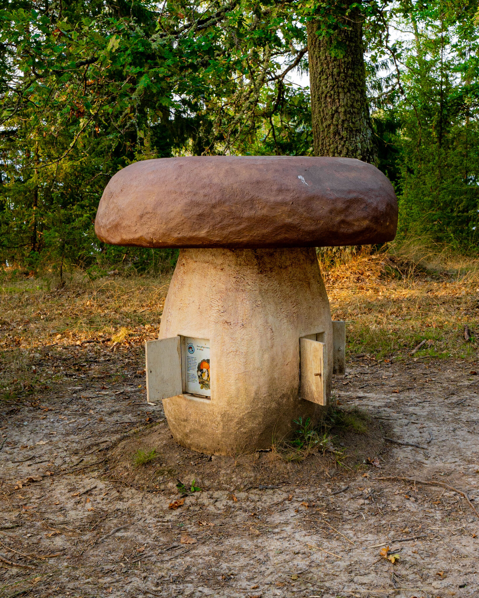 Stor svampskulptur med brun hatt och informationsluckor, del av uppdragsstigen i Hackelboöns naturreservat i Kinda kommun