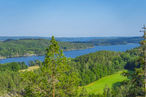 Utsikt från Hisneklint över Kinda kanal, omgiven av grön barrskog och ängar i Östergötland.