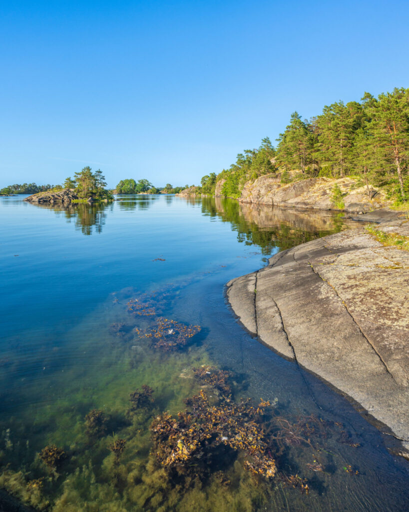 Klara stillsamma vatten vid klippor och tallskog i Eköns naturreservat nära Slångudden, Gryt i Östergötlands skärgård en sommardag