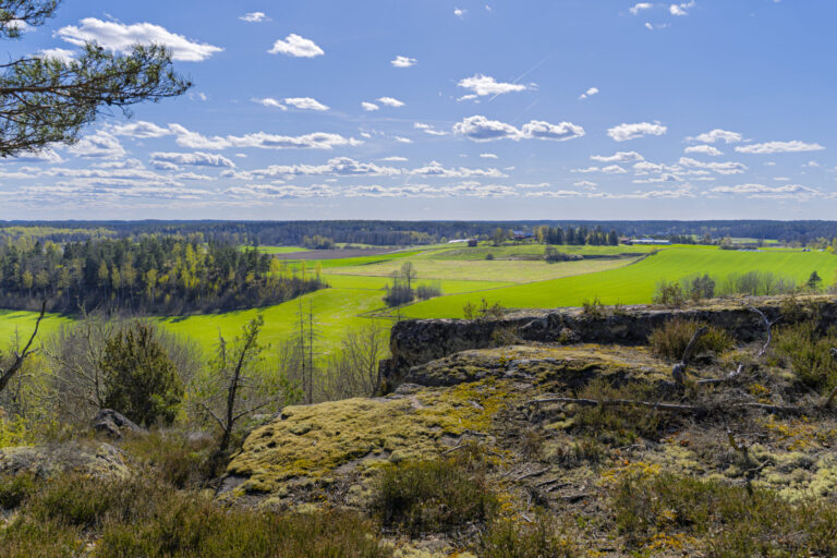 Utsikt från Kajsas utsiktsplats i Hälla naturreservat med mossbeklädda klippor, gröna åkrar och skog en vårdag i Östergötland